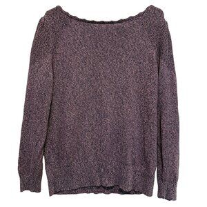 Loft Womens Long Puff Sleeve Sweater L Pink Gray Heathered Scalloped Preppy Boho